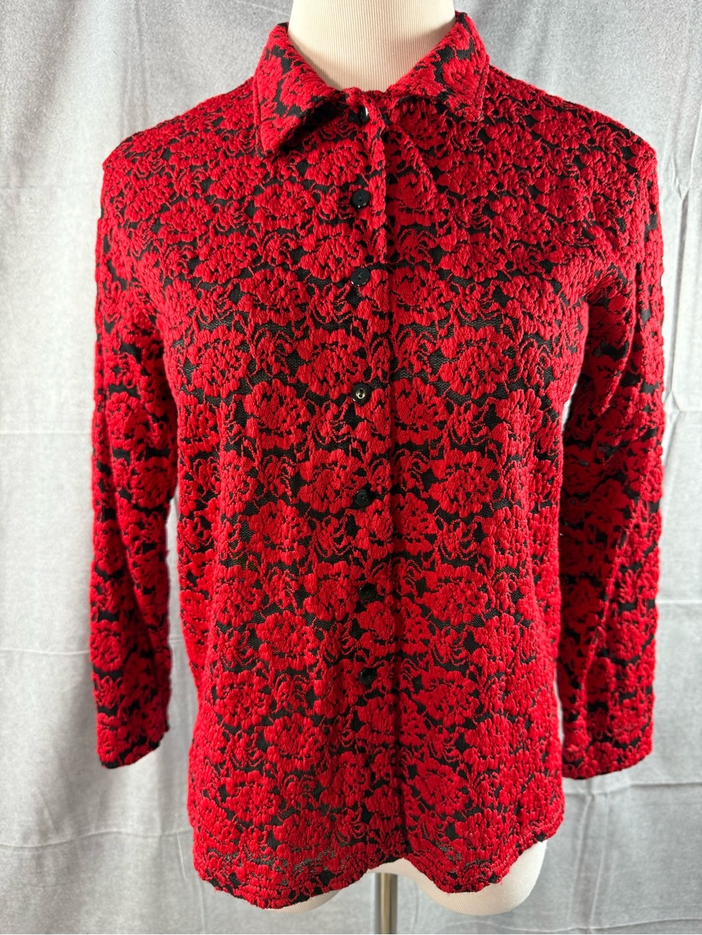 3169-Westbound Red and Black Floral Lace-Effect Button Down Shirt